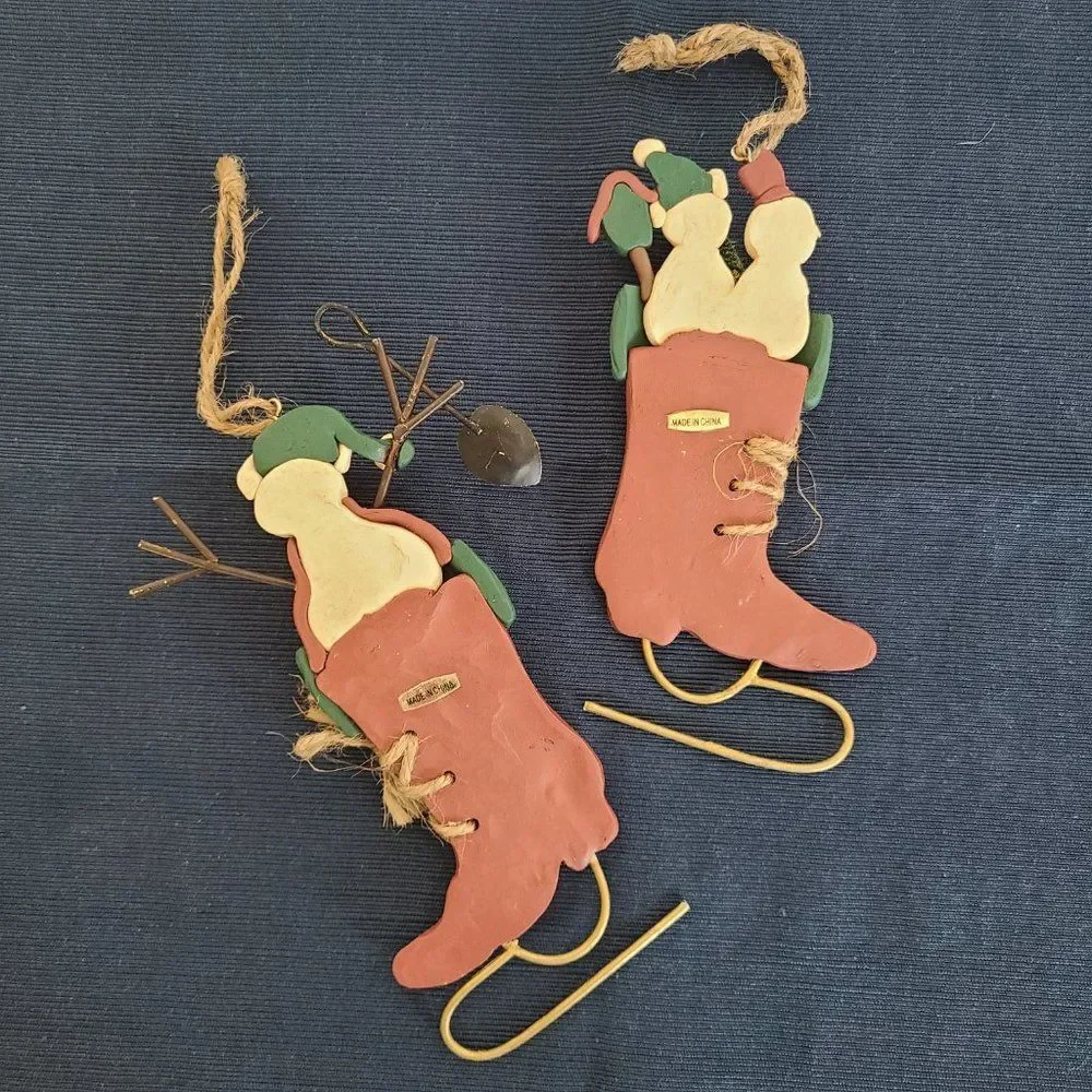 Vintage Winter Ice Skates With Snowman Christmas Ornaments Set of Two